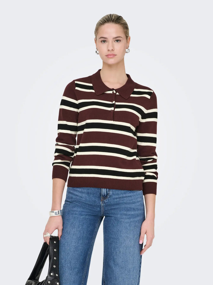 Only - Onllondon Ls Stripe Polo Cc Knt - 4947495 Decadent Chocolate Babys Breath/Black/Dtm Button
