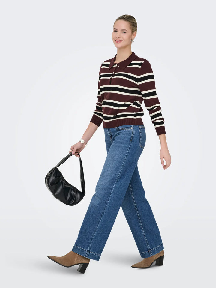 Only - Onllondon Ls Stripe Polo Cc Knt - 4947495 Decadent Chocolate Babys Breath/Black/Dtm Button