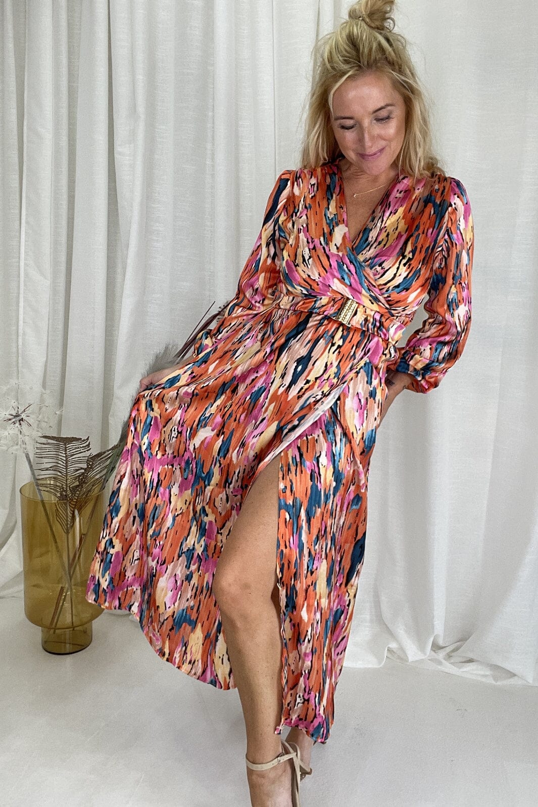 Anobel Copenhagen - Long Printed Dress With Belt 7185 - Red Kjoler