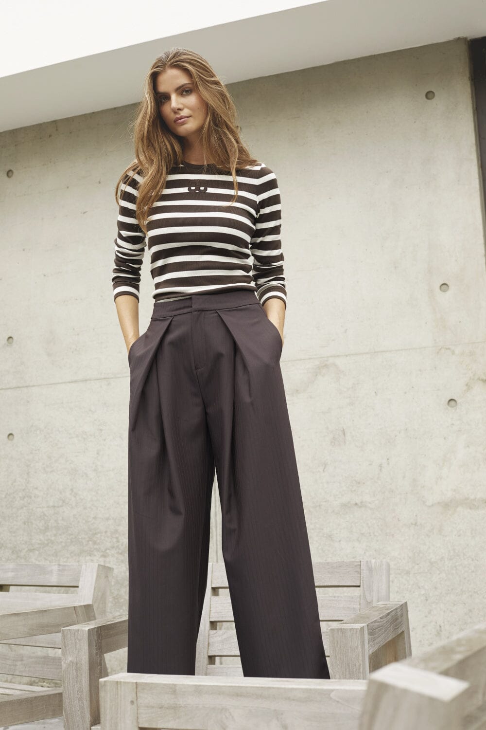 Co´Couture - Grannycc Rib Emb Ls Blouse 43007 - 11145 - Offwhite/Darkbrown Bluser