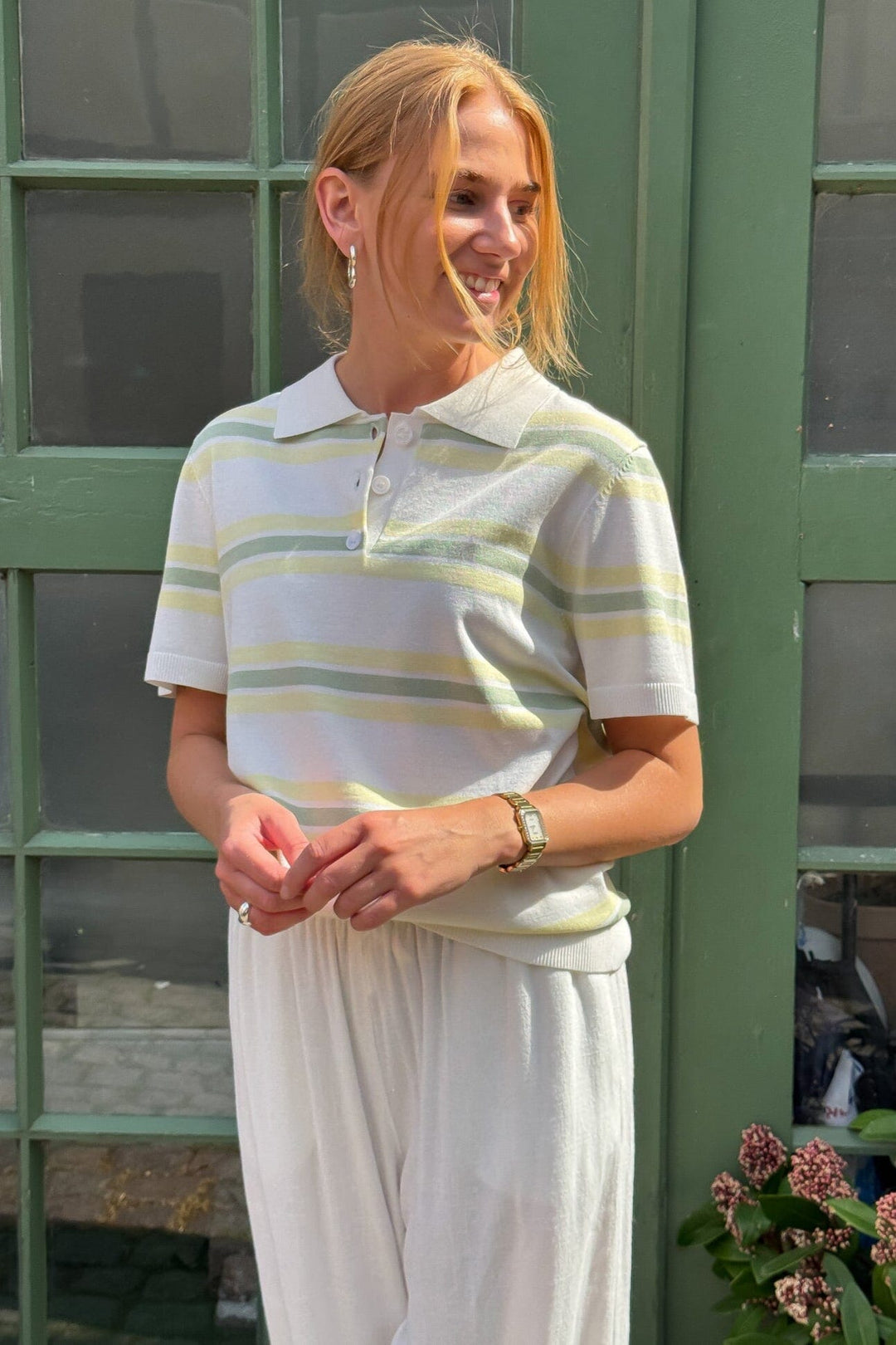 Forudbestilling - A-VIEW - Polo Stripe Knit Blouse AV5060 - 200 - White/Yellow Bluser