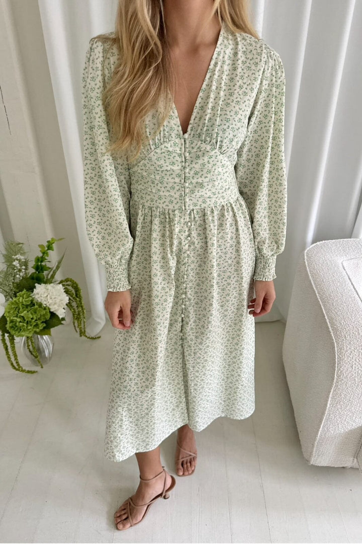 Forudbestilling - BYIC - Adelic Long Dress - gfsp Green Flower Stem Print Kjoler