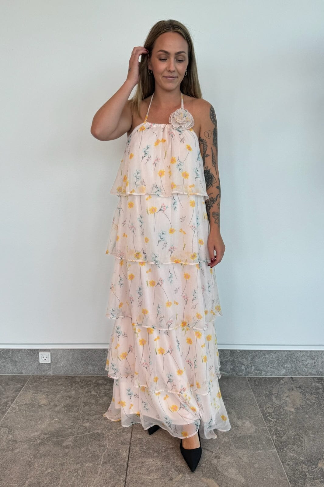 Forudbestilling - Pieces - Pcclara Sl Long Layred Dress Kca - 4785295 Barely Pink Flowers Kjoler