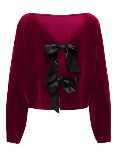 JDY - Jdyvictory L/S Velvet Bow Top - 4932741 Winetasting Bow Bluser