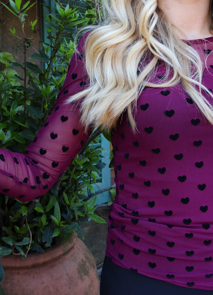 Liberte - Mesh-Ls-Tshirt 22065 - Bordeaux Black Flock Heart Bluser