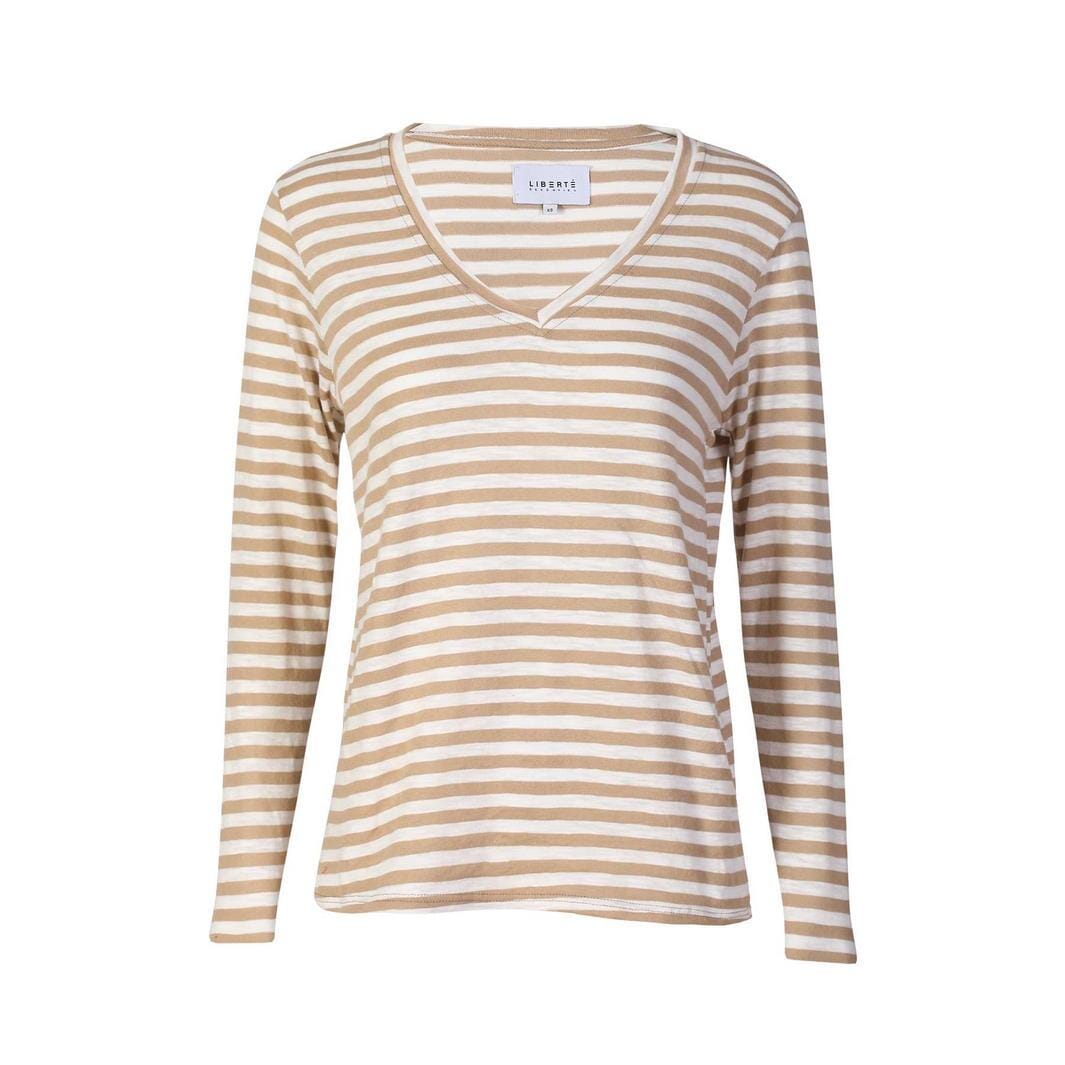 Liberte - Ulla-Ls-Vneck-Stripe-Tshirt 22160 - Sand White Stripe Bluser