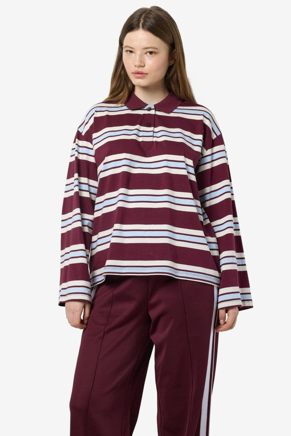 Noisy May - Nmaura L/S Striped Polo Shirt - 4828919 Windsor Wine Cashmere/Birch