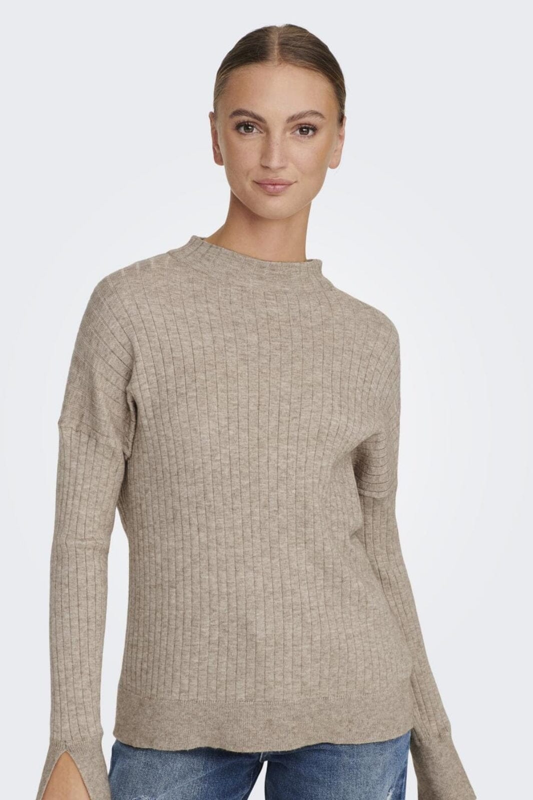 Only - Onlfia Katia L/S Rib Pullover Knt - 4110619 Beige Melange Strikbluser