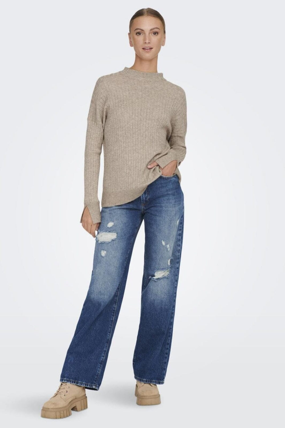 Only - Onlfia Katia L/S Rib Pullover Knt - 4110619 Beige Melange Strikbluser