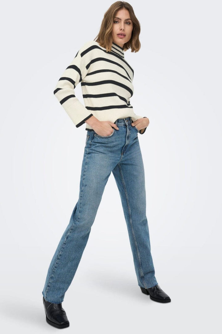 Only - Onlibi L/S Highneck Pullover Knt - 4031224 Whitecap Gray W.Melange/Black Strikbluser