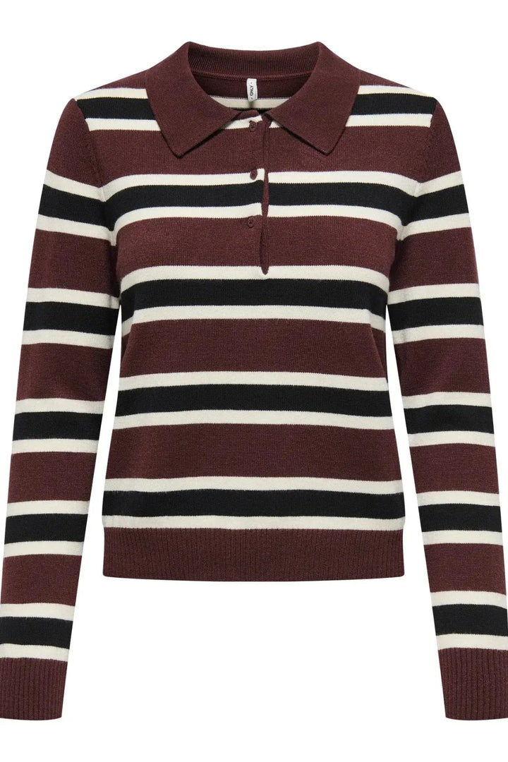 Only - Onllondon Ls Stripe Polo Cc Knt - 4947495 Decadent Chocolate Babys Breath/Black/Dtm Button Strikbluser