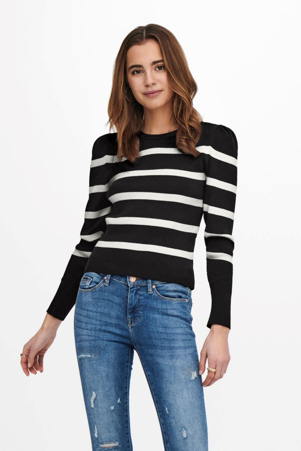 Only - Onlsally L/S Puff Pullover Knt - 3949209 Black W. Cloud Dancer Strikbluser