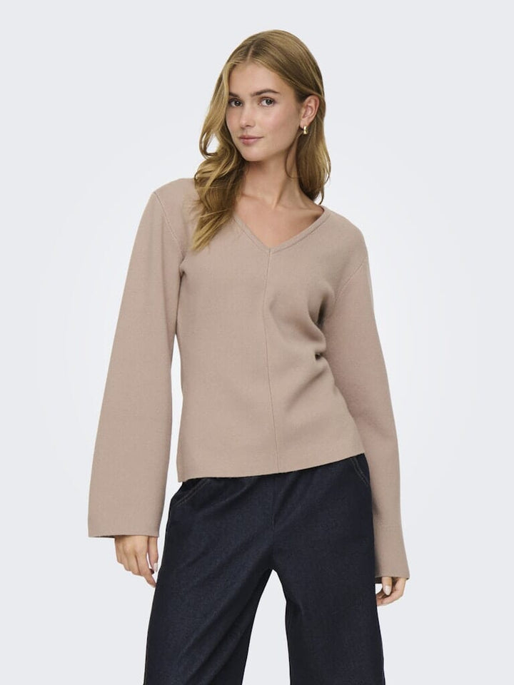 Only - Onlviola Ls Fit V-Neck Knt - 4967667 Mocha Meringue Strikbluser