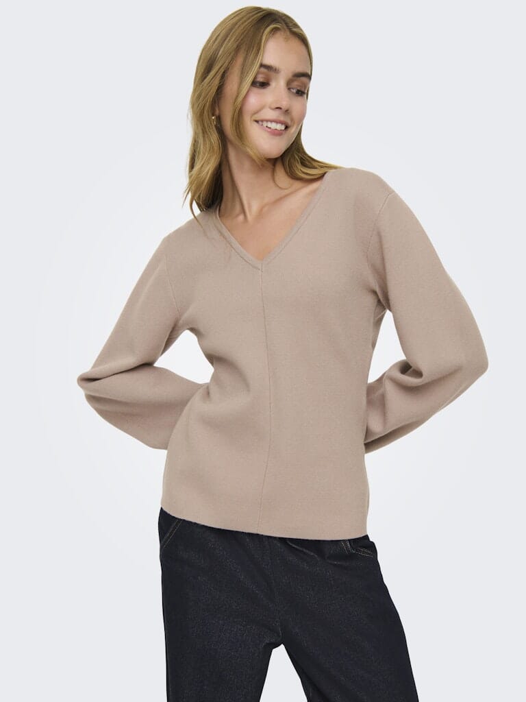 Only - Onlviola Ls Fit V-Neck Knt - 4967667 Mocha Meringue Strikbluser