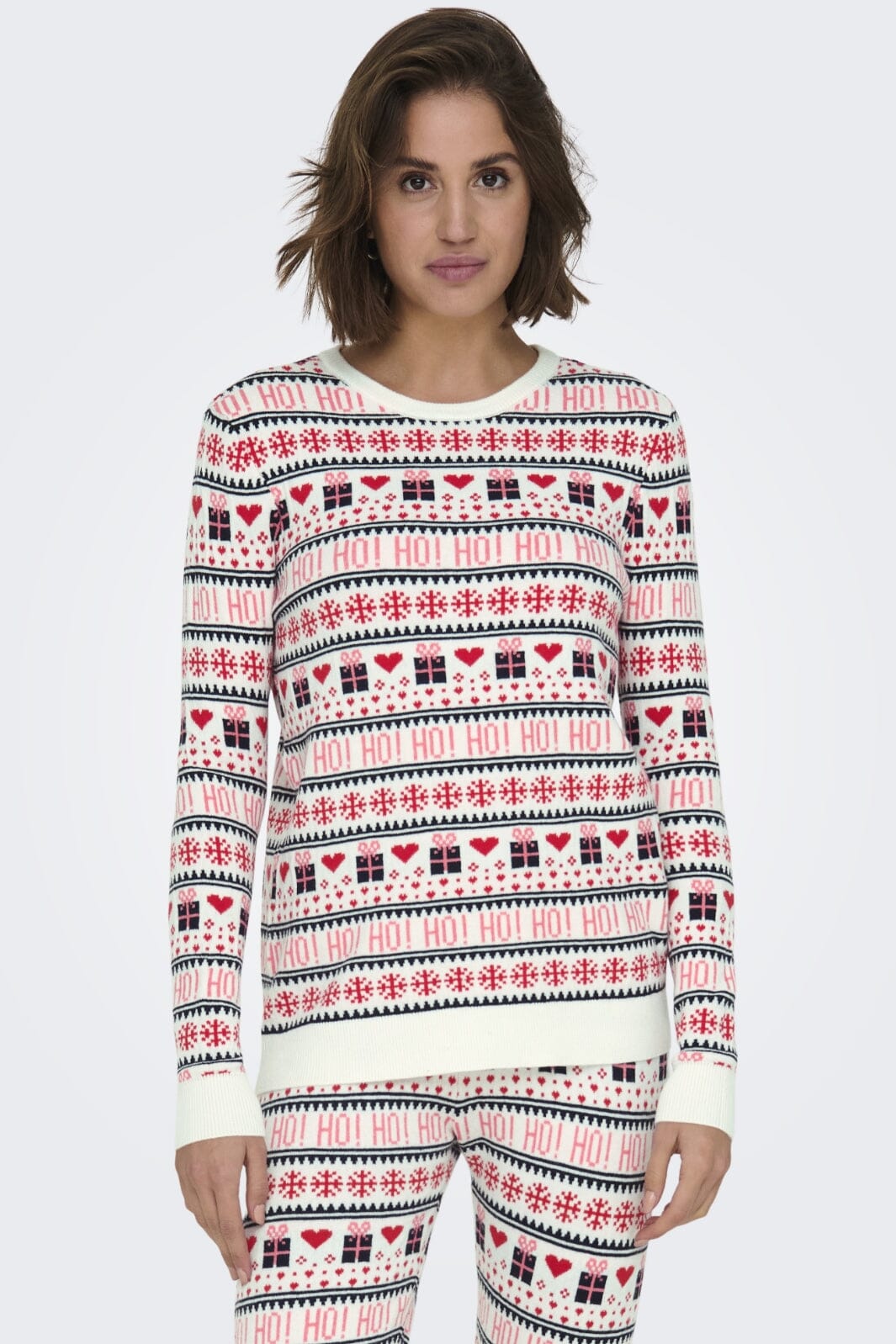 Only - Onlxmas Present Ls O-Neck Knt - 4631335 Cloud Dancer High Risk Red/Night Sky/Bonbon Jul