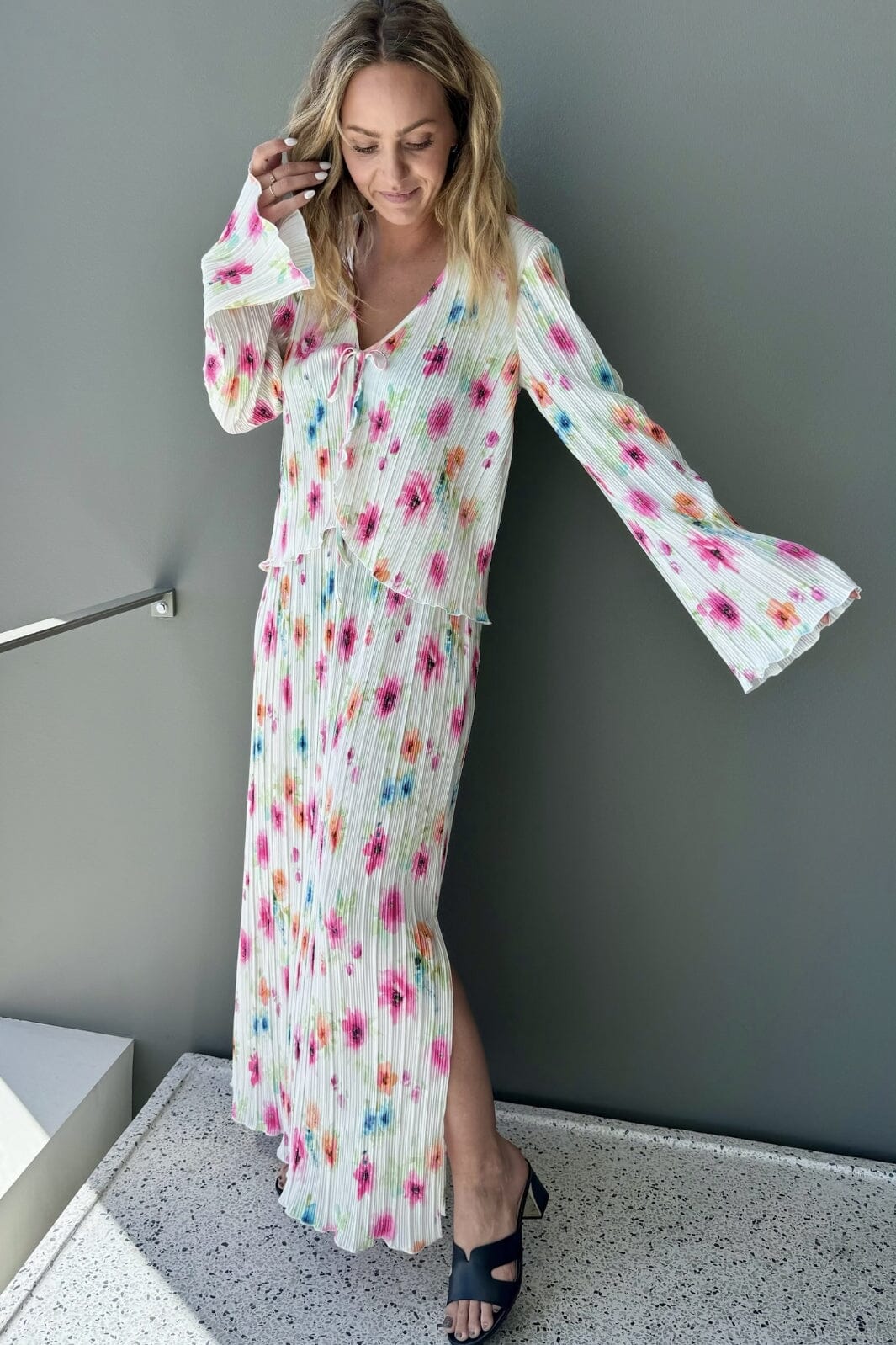 Pieces - Pcamber Ls Tie Top Kca - 4842928 Bright White Blurry Flowers Toppe