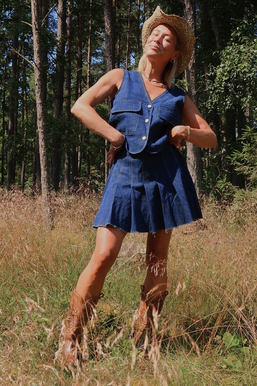 Pieces - Pcfabia Short Plisse Denim Skirt Fsy - 4745600 Dark Blue Denim Nederdele