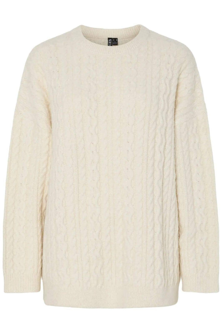 Pieces - Pcjisa Ls O-Neck Long Cabel Knit - 4813741 Birch Strikbluser