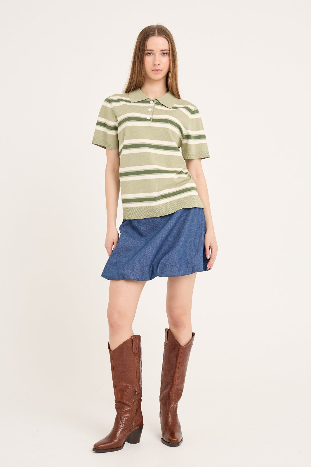 A-VIEW - Polo Stripe Knit Blouse AV5060 - 859 - Dusty Green