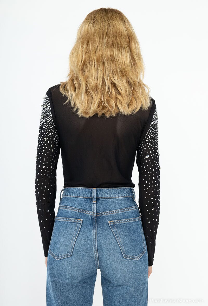 A-bee - Beaded Rhinestone Bodysuits J28377 - Black Bluser 