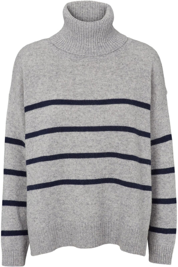 Basic Apparel - Lise Striped T-neck - 718 Light Grey Mel. / Sky Captain Strikbluser 