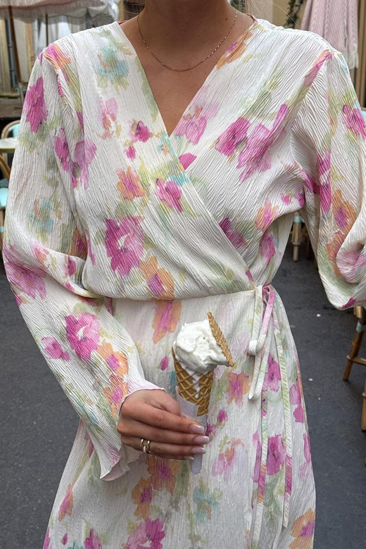 BYIC - Ofeliaic Long Wrap Dress A23640 - Pink Flower Blush Print Kjoler 