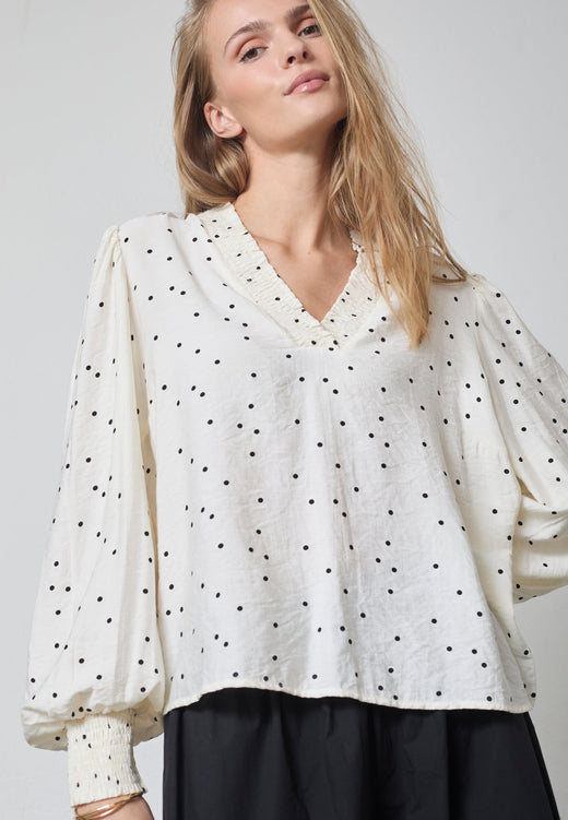 Co´Couture - Diemcc Dot V-Blouse 45062 - 1196 - Offwhite-Black Bluser 