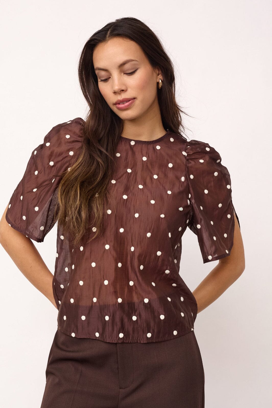 Co´Couture - Ditacc Dot Ss Blouse 500043 - 20003 - Dark Brown Bluser 