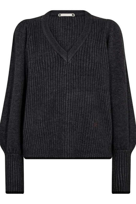 Co´Couture - Rowcc Puff Rib V-Knit 32227 - 140 - Dark Grey Strikbluser 