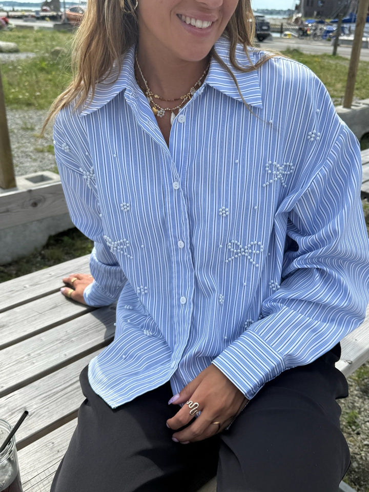 Dear Molly - Pearl Bow Shirt 160786C - Blue W.black Strip1 Skjorter 