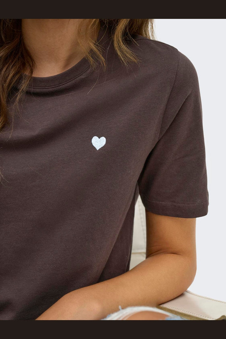 Only - Onlhappy S/S Emb Top - 5204457 Coffee Bean Chambray Heart