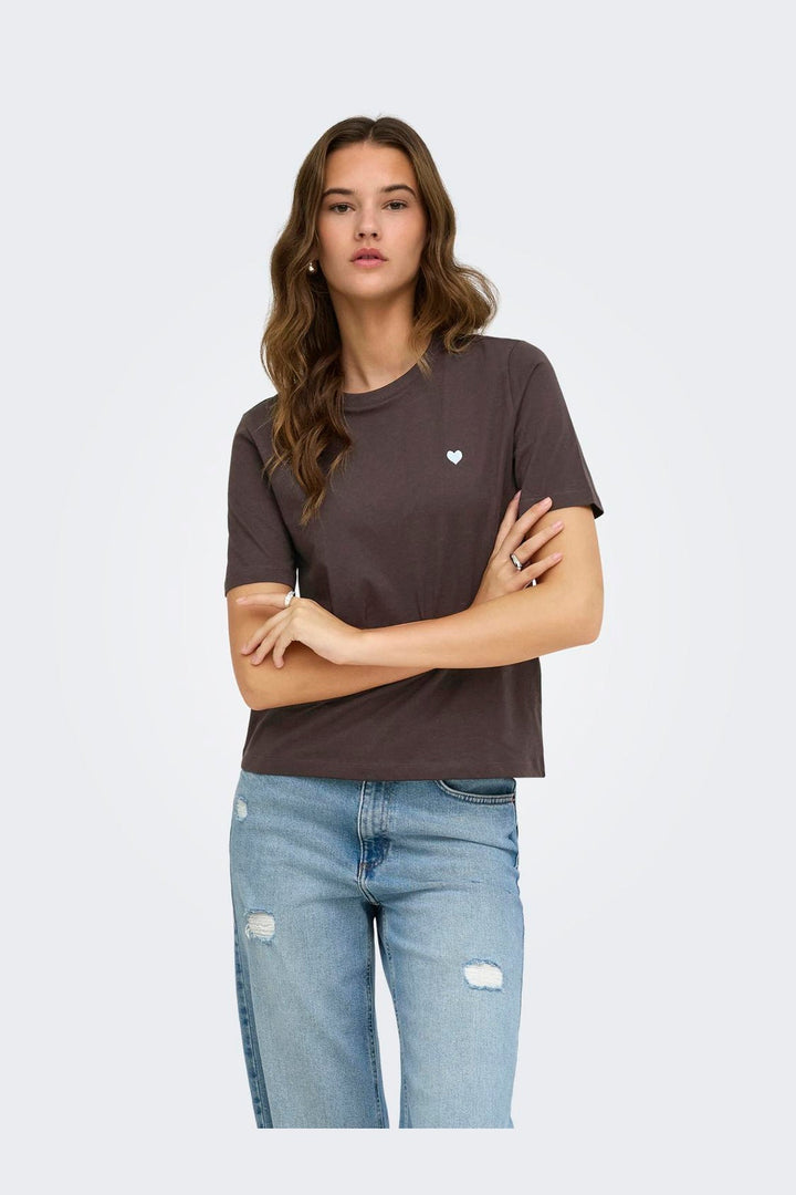 Only - Onlhappy S/S Emb Top - 5204457 Coffee Bean Chambray Heart