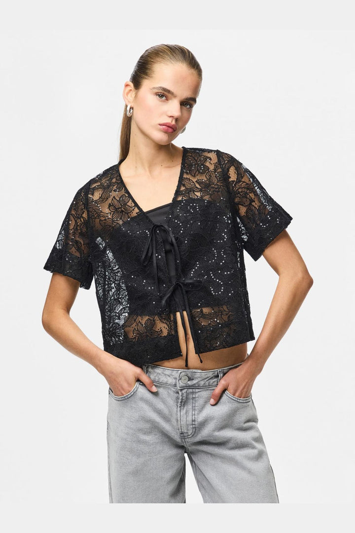 Pieces - Pclouise 2/4 V-Neck Tie Top - 5042915 Black