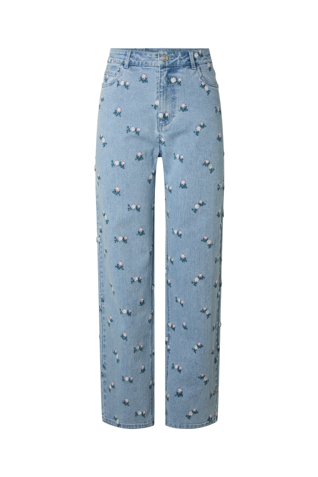 Pieces - Pcflora Straight Emb Jeans - 5068185 Light Blue Denim Pink Flower Embroidery