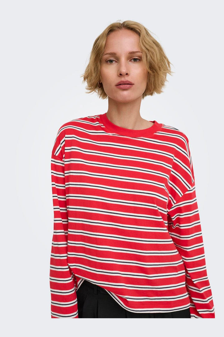 Only - Onlhappy L/S O-Neck Stripe Tee - 5201889 Lollipop Cloud Dancer + Night Sky Ina