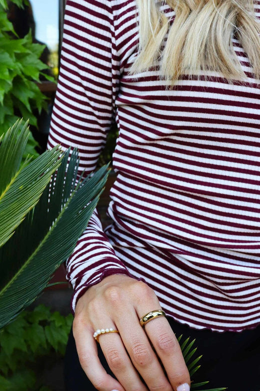 Forudbestilling - Liberte - Natalia Ls Round Neck Blouse 9914 - Bordeaux Creme Gold Stripe