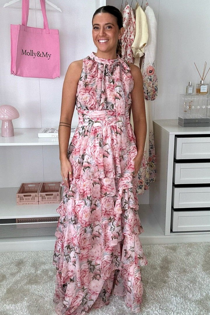Forudbestilling - Neo Noir - Marli Flower Chiffon Dress 165150 - 165 - Rose Kjoler 