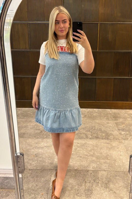 Forudbestilling - Pieces - Pcnoel Short Slip Denim Dress Fsy - 4936547 Light Blue Denim Rhine Stones Kjoler 