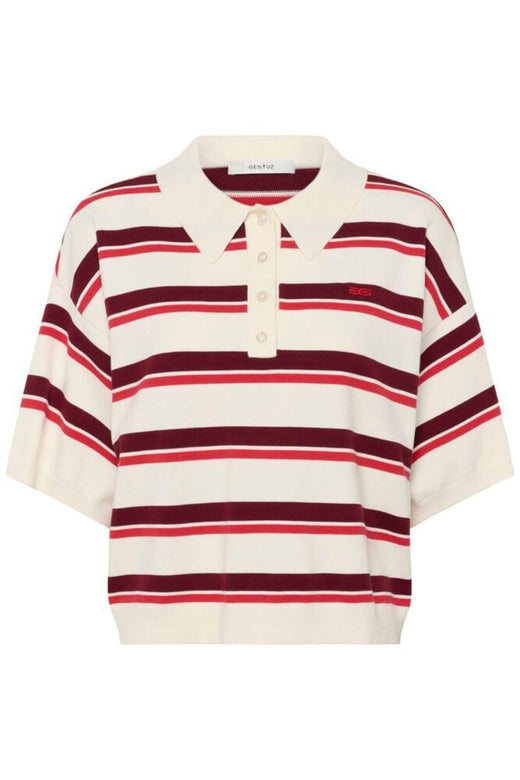 Gestuz - Gztaia Ss Polo Pullover 10910933 - 109194 - Egret/Cabernet/Poinsettia Strikbluser 