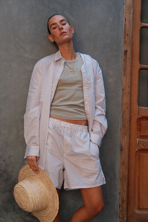 H2O - Rønne Essential Pajamas Shirt L/S 101018-2 - 7043 - White/Brown Skjorter 