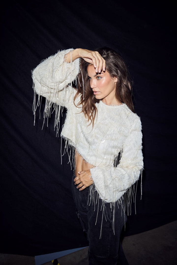 Haute L'Amitié - Sequin Fringe Blouse Hl10973 - Pearl Bluser 