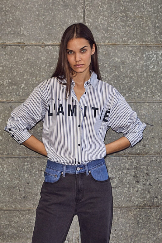 Haute L'Amitié - Stripe Chest Logo Shirt HL10300 - White Blue Stripe Skjorter 