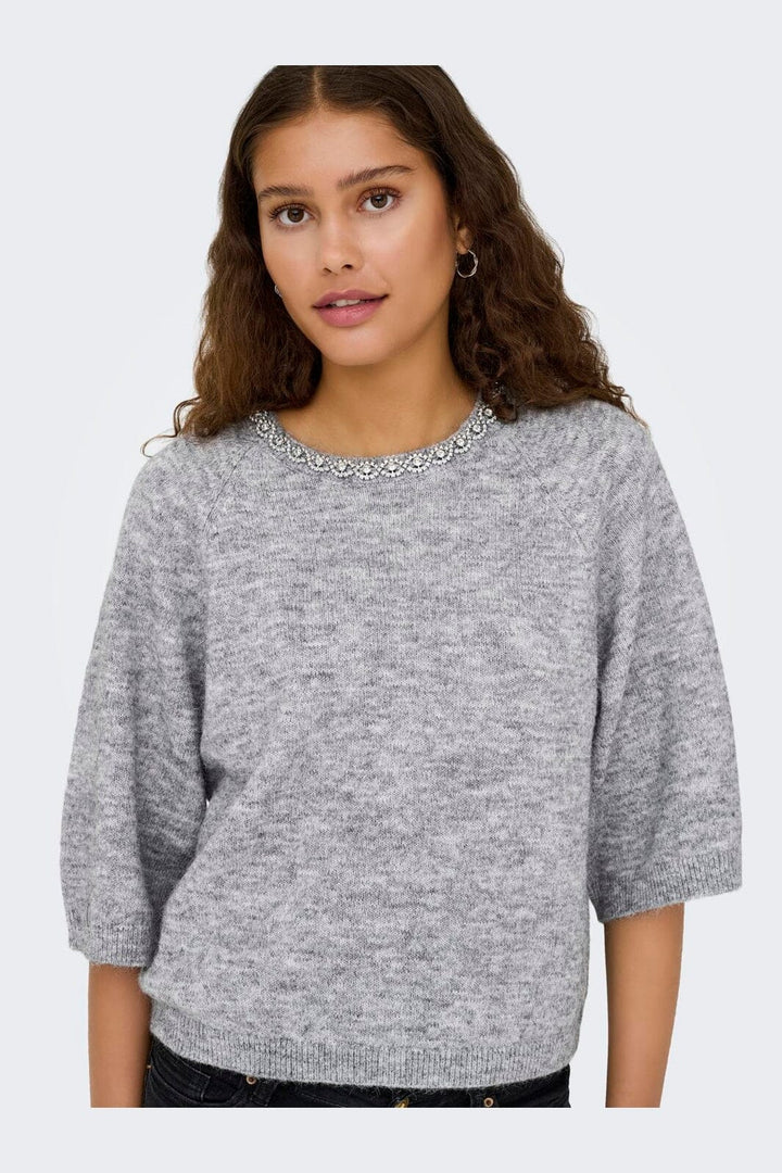 JDY - Jdyalva Life 3/4 Embellish Pull Knt - 4957225 Medium Grey Melange W. Silver Embellishment