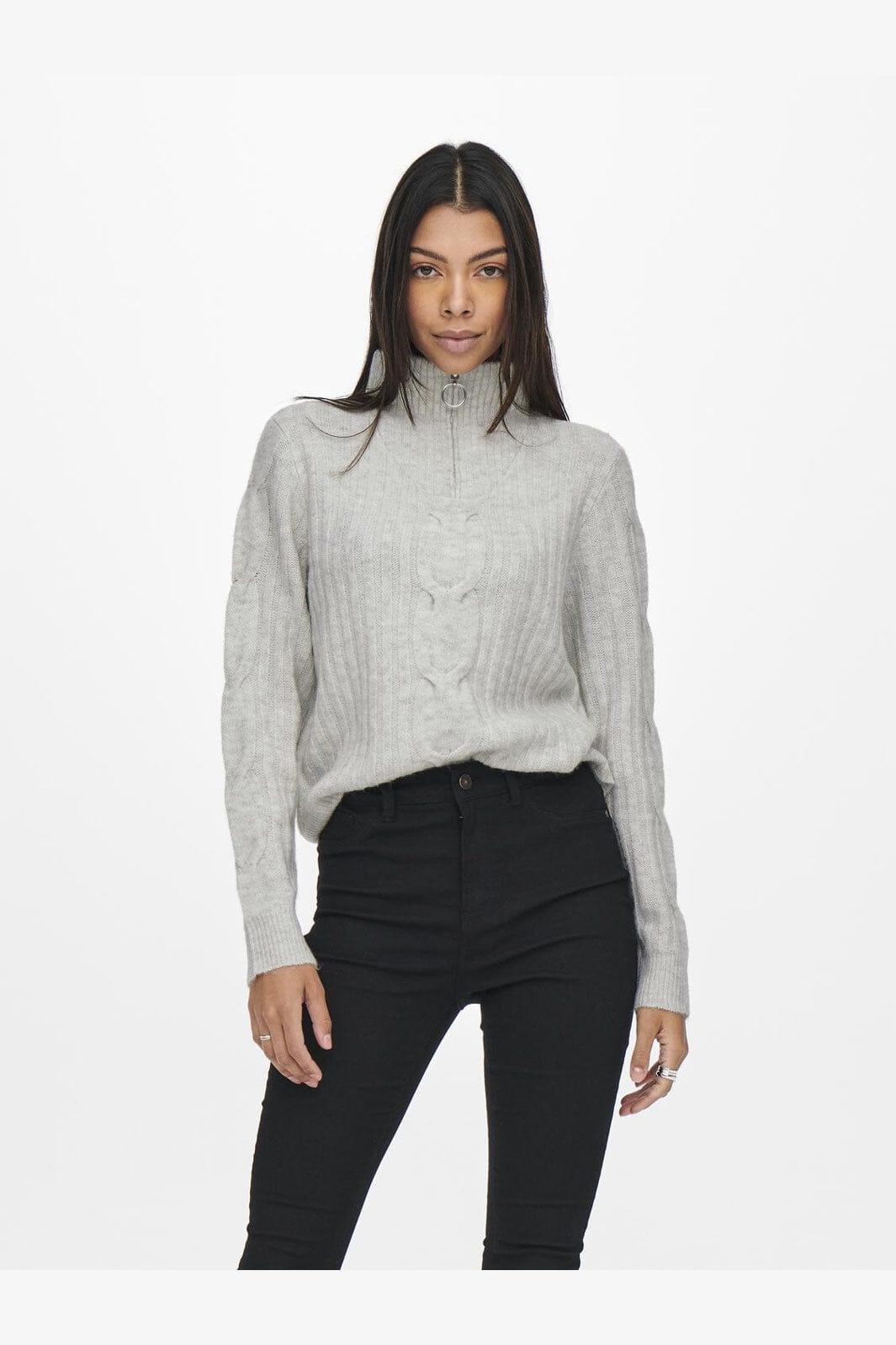 JDY - Jdyandrea L/S Zip Cable Pullove Knt - 3764168 Super Light Grey Melange