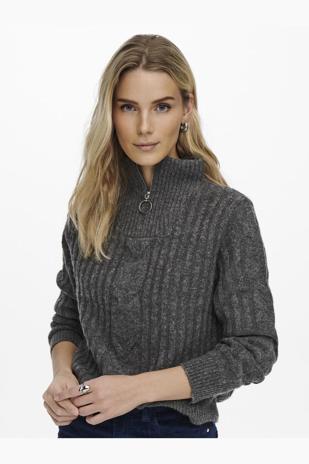 JDY - Jdyandrea L/S Zip Cable Pullove Knt - 3808118 Dark Grey Melange