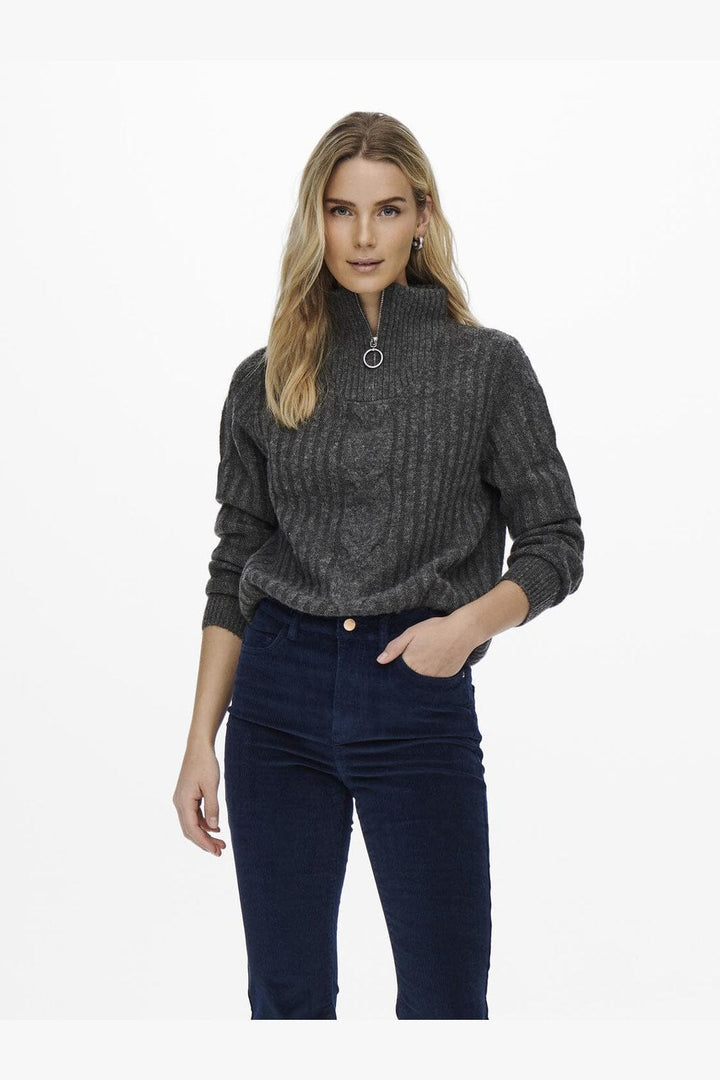 JDY - Jdyandrea L/S Zip Cable Pullove Knt - 3808118 Dark Grey Melange