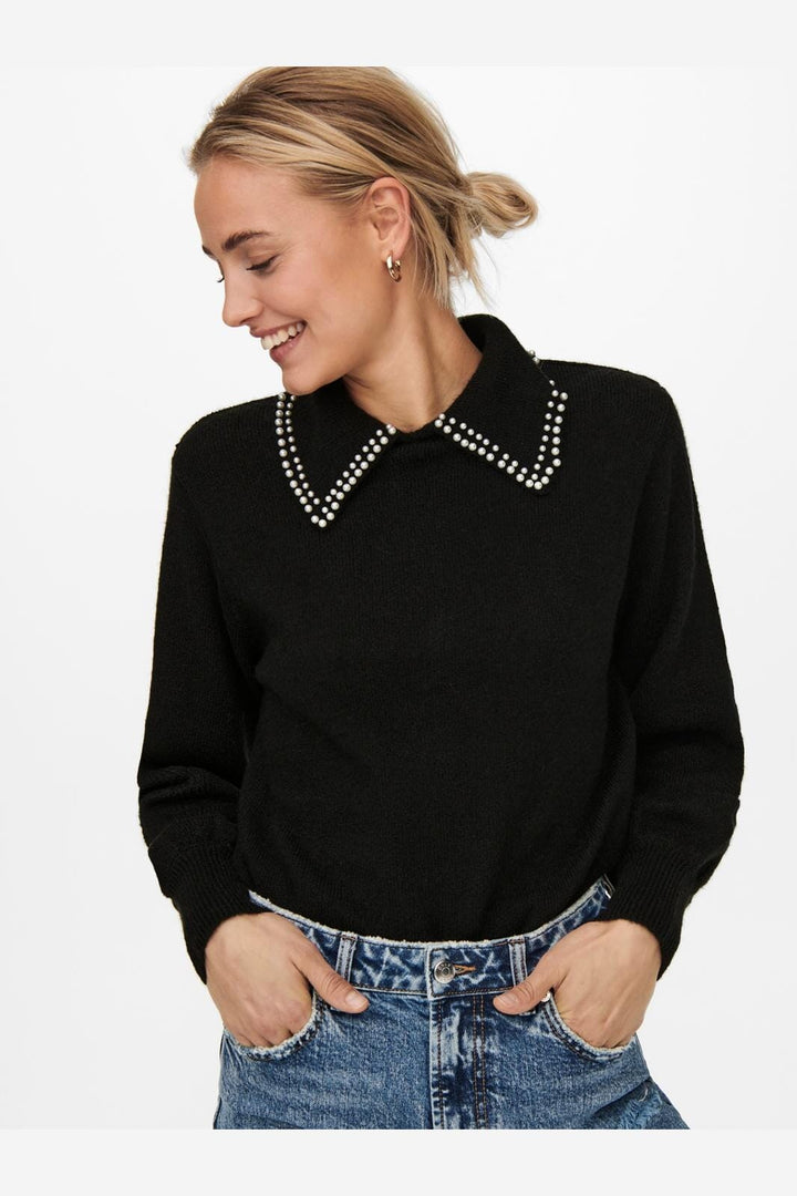 Jdy - Jdyaubray Life L/S Pearl Pullover Knt - 3818554 Black W White Pearl Collar