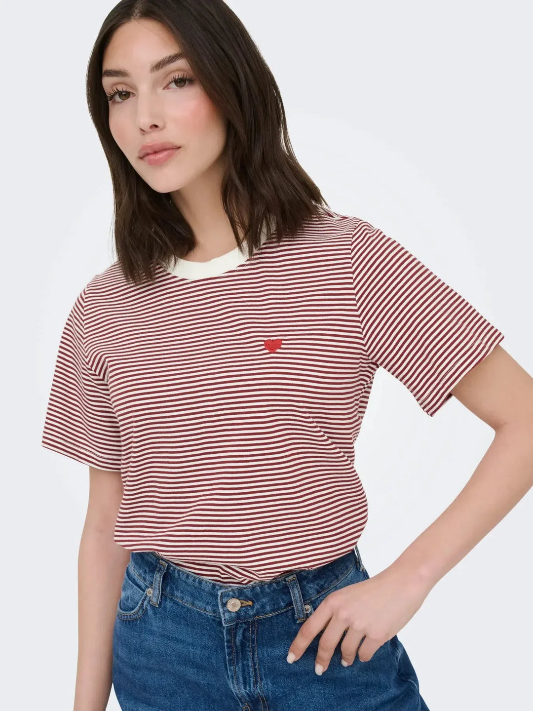JDY - Jdypisa S/S Print Top - 4984885 Cloud Dancer Rhubarb Stripes And Bs Heart T-shirts 