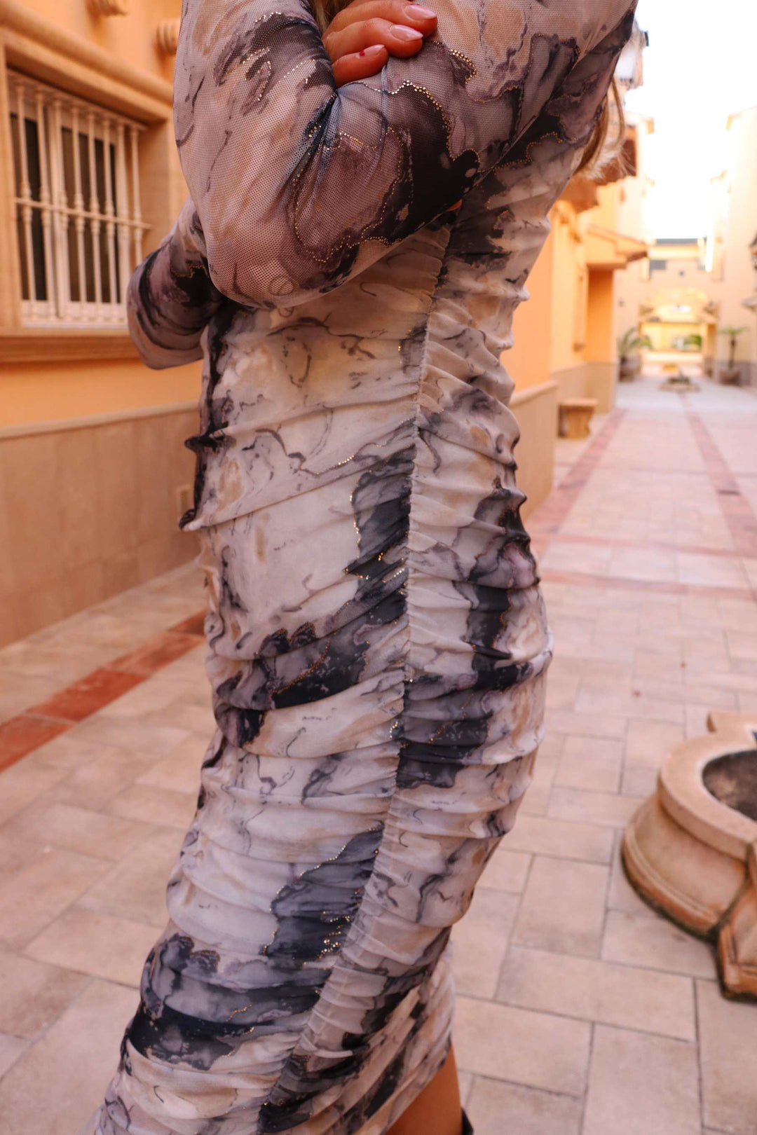 Liberte - Mesh Ls Long Dress 22219 - Black Grey Marble Kjoler 