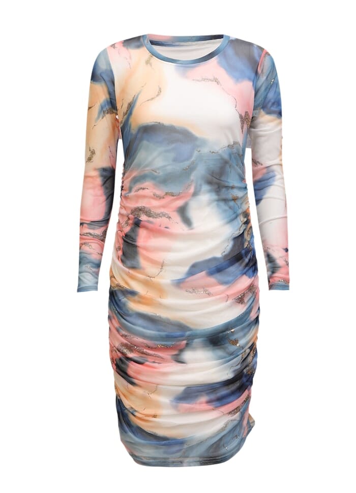 Liberte - Mesh Ls Long Dress 22219 - Blue Peach Gold Marble Kjoler 